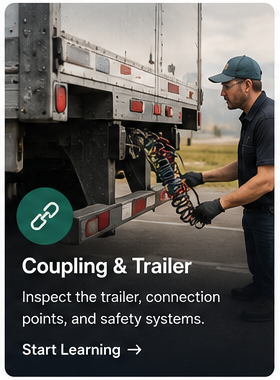 Driver inspecting the truck coupling and trailer connections