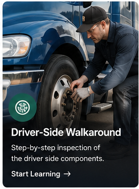 Driver performing a driver-side truck walkaround
